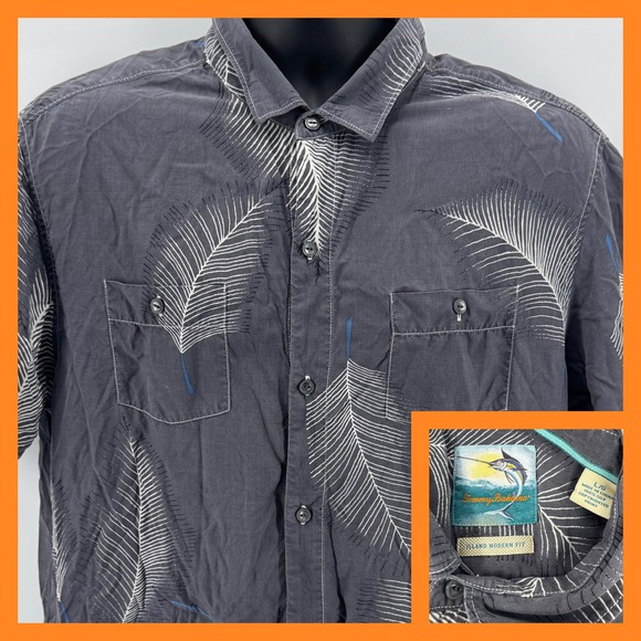 Tommy Bahama Silk Island Modern Fit Gray Palm Print Button Down Shirt L/G - Picture 1 of 5
